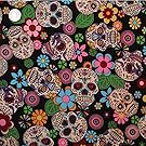 Retro Mexican Style Floral & Skulls Fabric 1 METRE Black 100% Cotton.