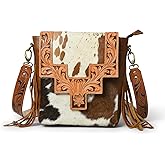 ADYAN Western Purse Genuine Leather Floral Tooled Fringe Women Crossbody Bag - Leather Western Bag with Leather Strap for College Office Travel (White and Brown)