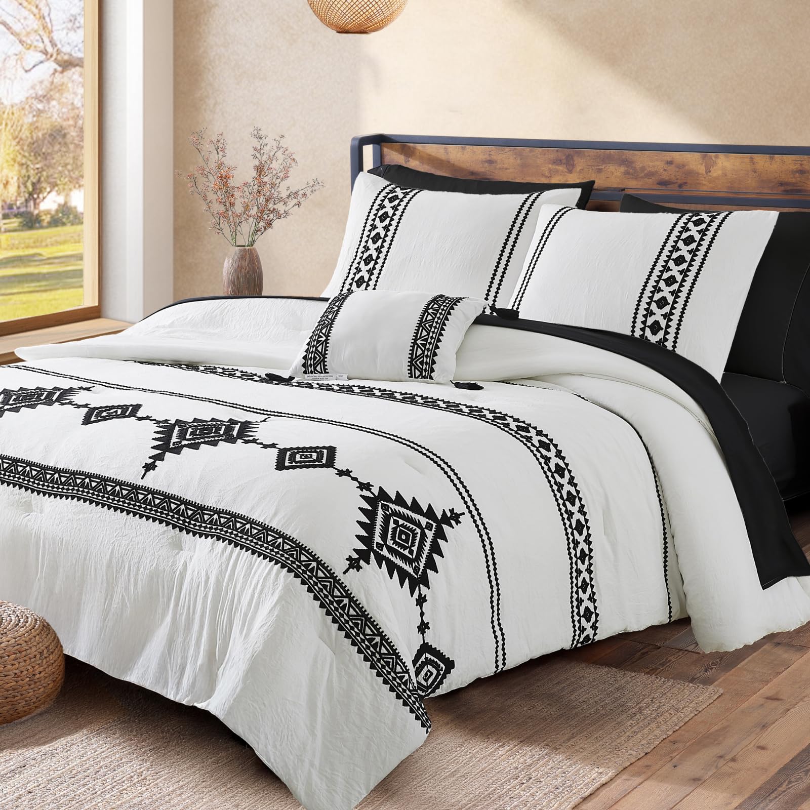 Photo 1 of MAIREVE Embroidery Comforter Set Queen Size - 7 Piece, White Boho Western Bedding All Season Bed in A Bag, Farmhouse Queen Comforter Set with Sheets, Pillowcases & Shams