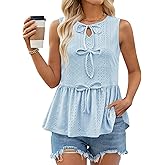 Zanvylia Women Summer Eyelet Peplum Sleeveless Tank Tops Crew Neck Y2K Babydoll Blouse Cute Bow Tie Front Flowy Shirts