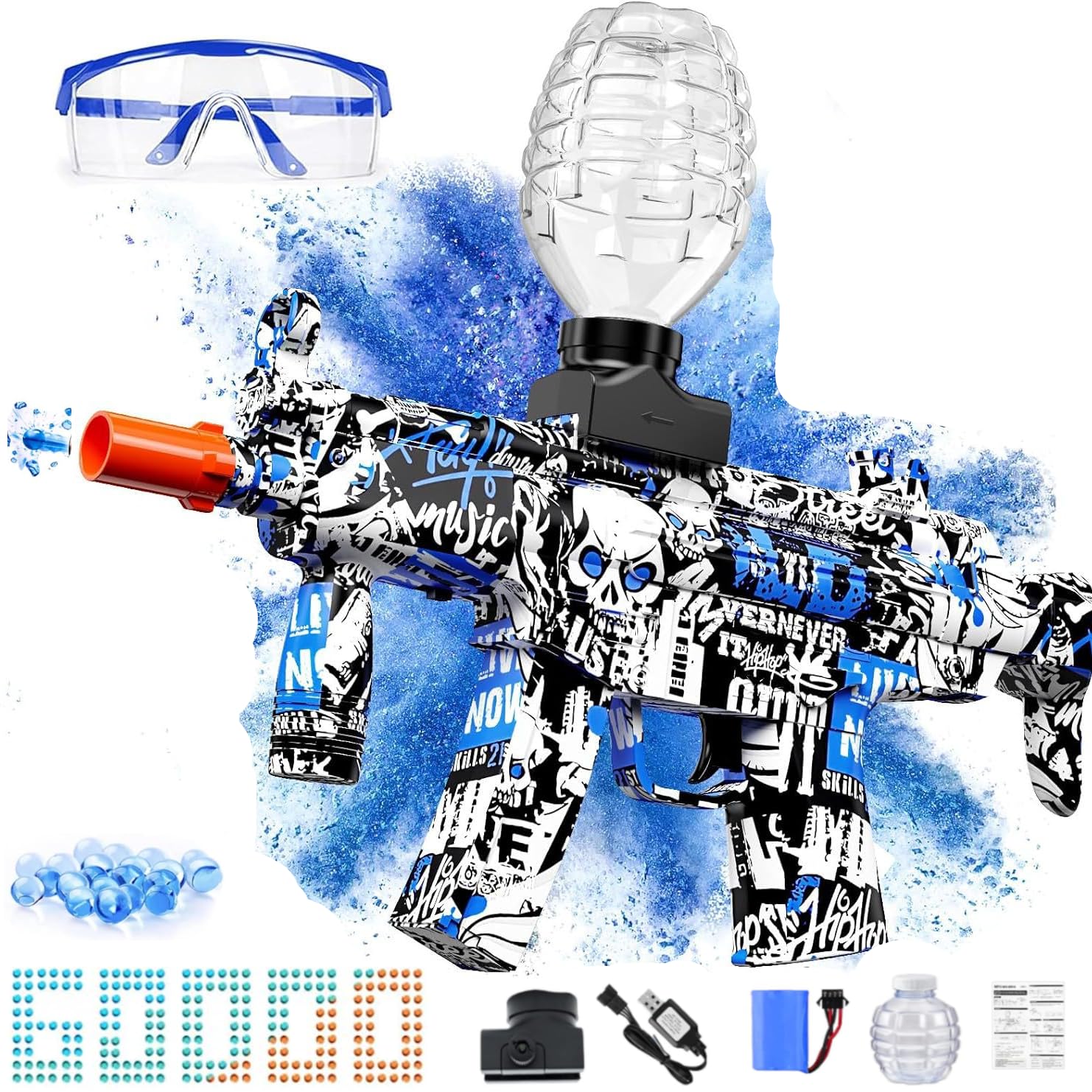 Electric Gel Ball Blaster, High Speed Automatic Splatter Ball Blaster with 60000+bullet and Goggles, Rechargeable Splatter Ball Toys for Outdoor Activities Shooting Game Party Favors，water bullet.