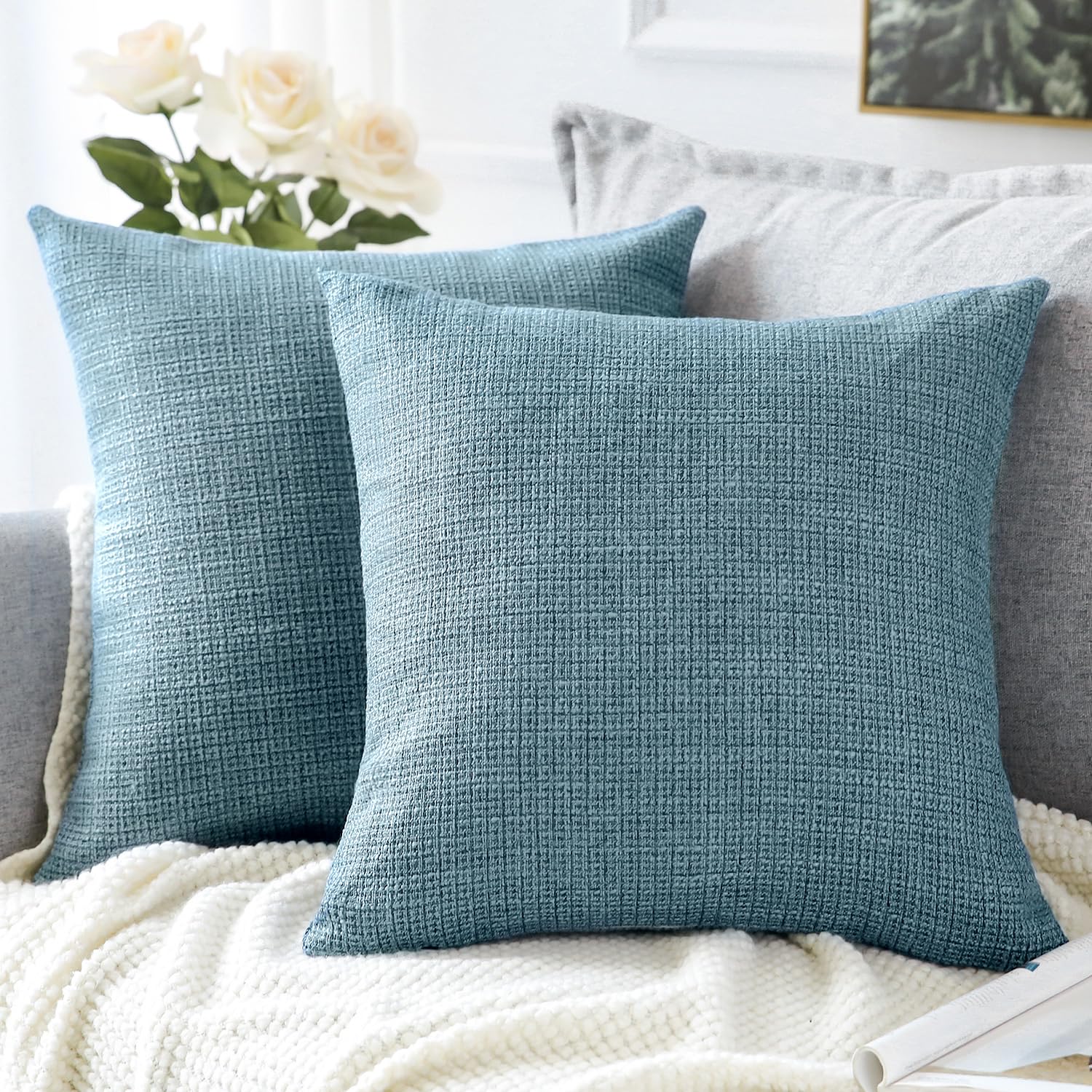 Photo 1 of OTOSTAR Linen Super Small Size Throw Pillow Covers Set of 2 Decorative Square Pillowcases Cushion Covers 14x14 Inch for Home Decor Sofa Bedroom Car 35 x 35 CM Blue