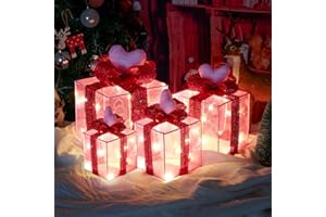 BSTGE Set of 4 Valentines Day Pink Heart Lighted Gift Boxes, Battery Operated Romantic Wedding Decoration, Light Up Indoor Outdoor Decor for Proposals, Birthday Parties