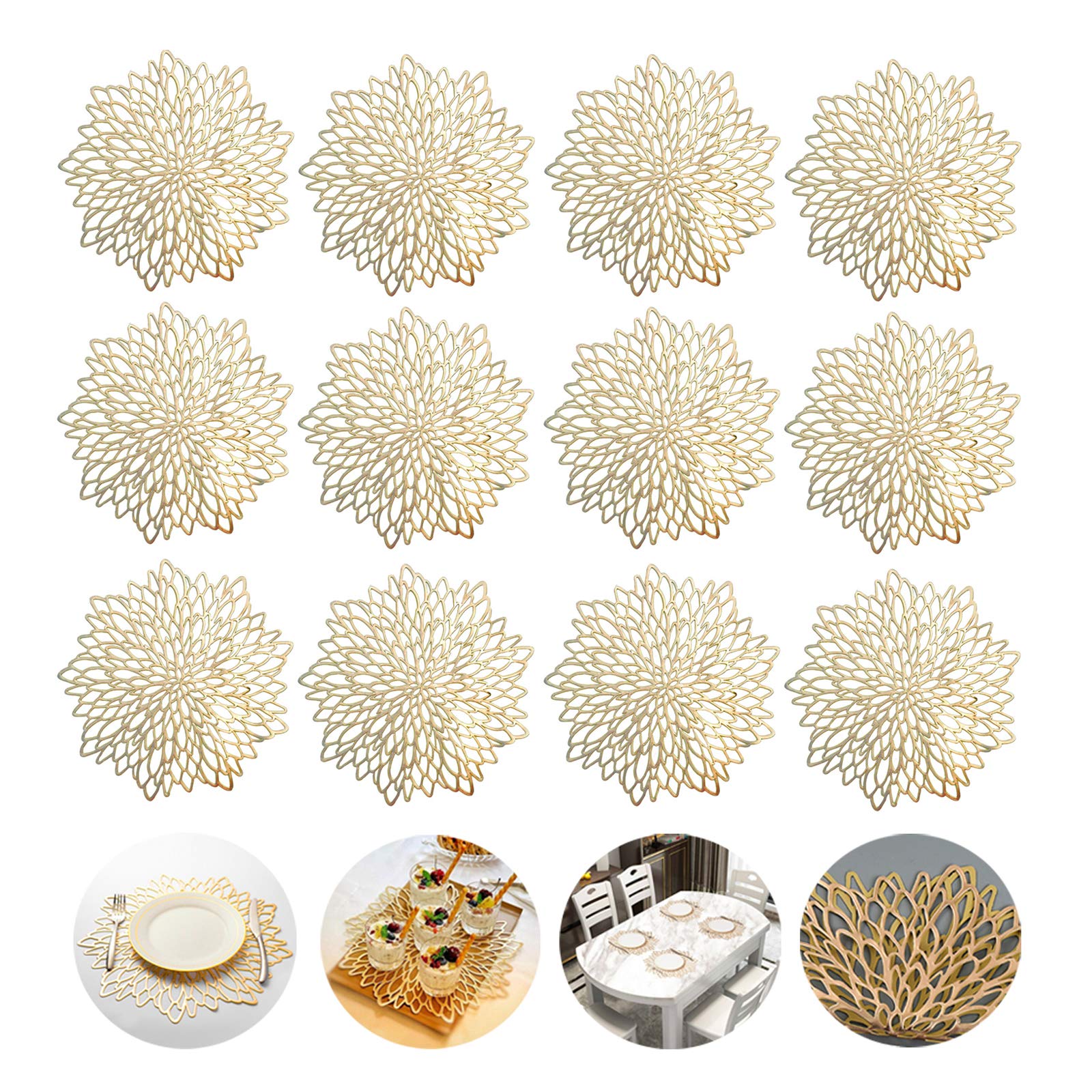 Gold Placemats and Table Mats Sets, Washable Hollow Round Place Mats for Kitchen Table Heat Resistant PVC Table Mats for Dining Table Christmas, Wedding, Restaurant, Hotel,15.5inches (Sets of 12)