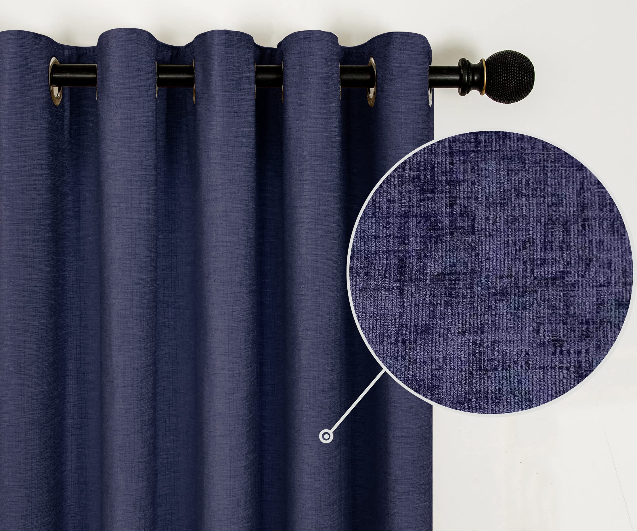 Super Soft Heavy Textured Chenille Lined Eyelet Curtains Navy Dark Blue,Window Treatment Blinds 2 Panels for Bedroom, Livingroom, Kids Nursery Room (Dark Blue, 66x90")