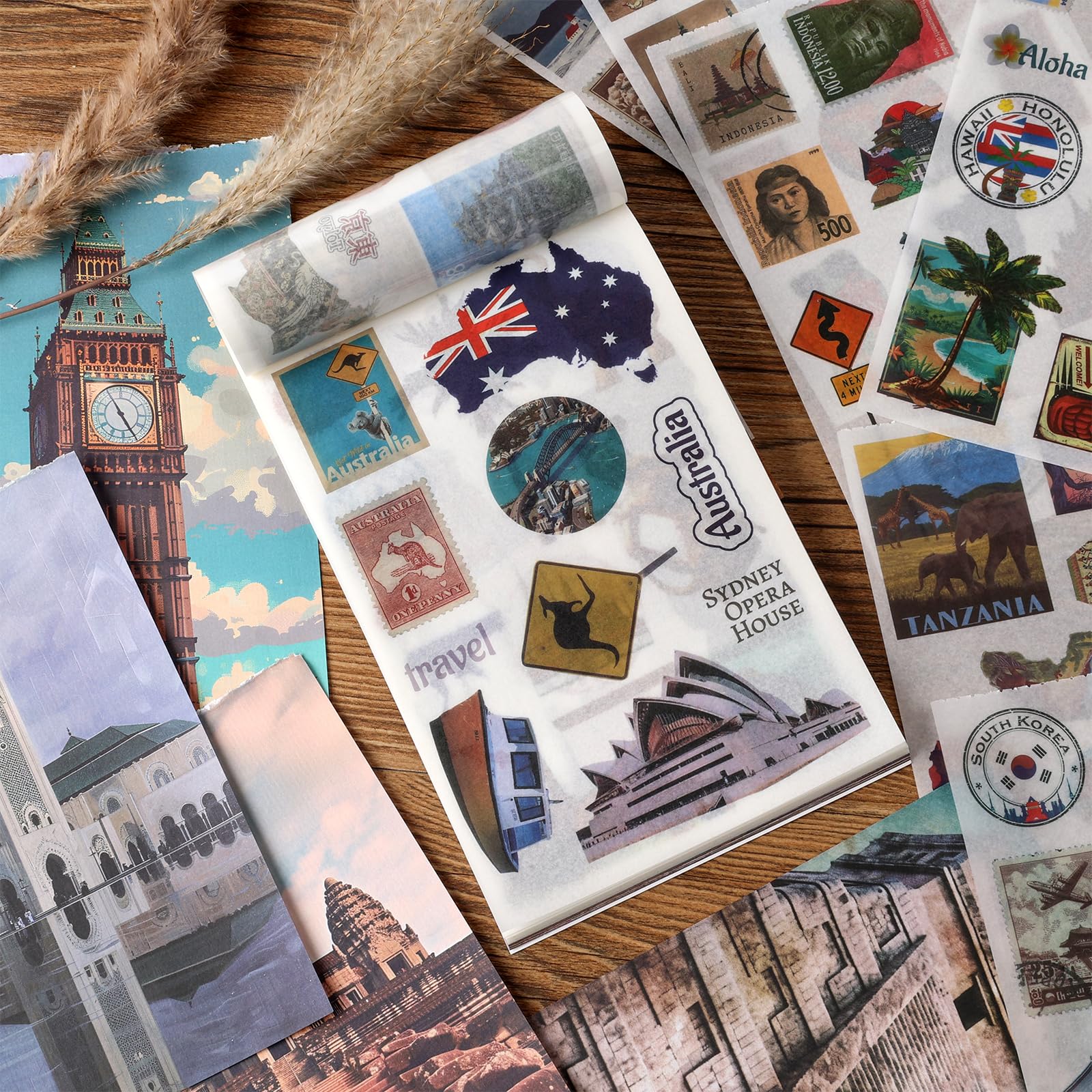 Scrapbook Stickers - 300 Pre-Cut Washi Stickers & 20 Scrapbook Papers for Travel Journaling