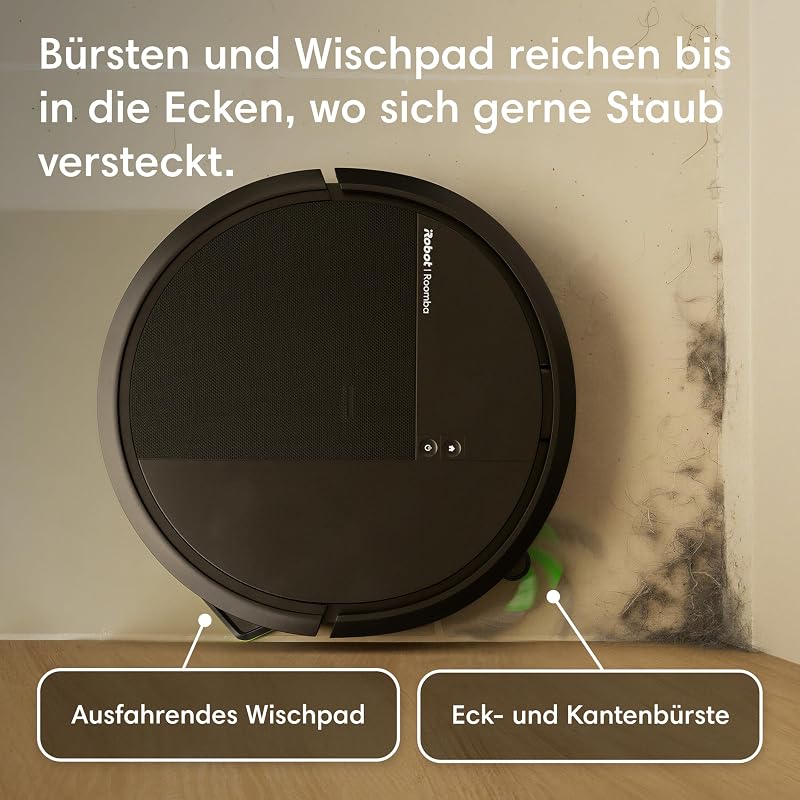 Roomba® 115 Combo Saug- und Wischroboter, 15k Pa Saugleistung, Bürsten und Wischpad reichen, Navigation mit Clearview™ LiDAR, Schwarz