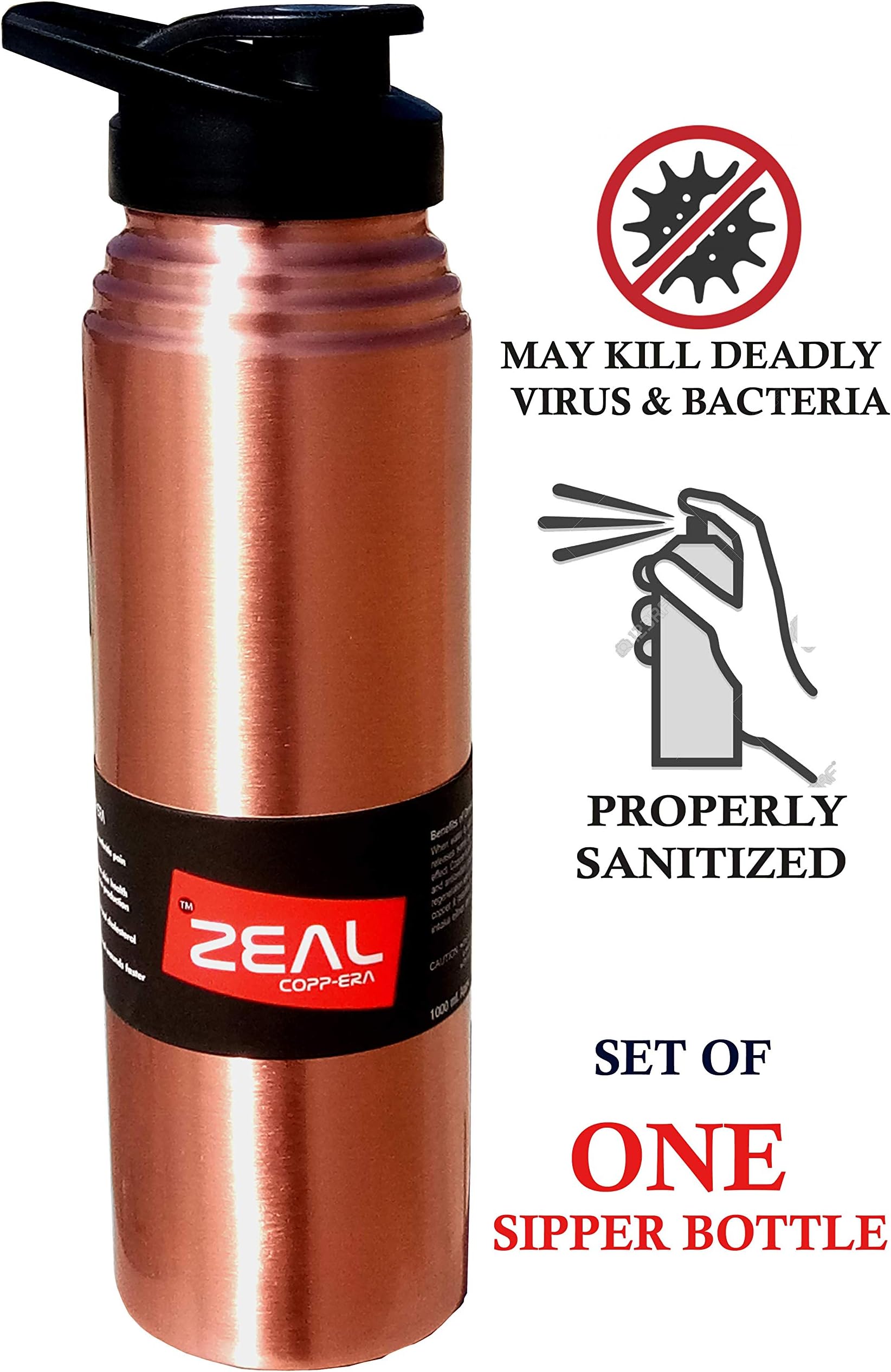 Kabi Copper Water Bottle, 1000ml, Set of 2, Multicolour