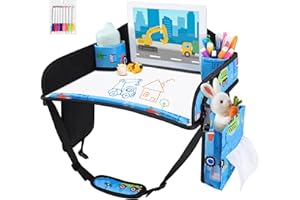 UTOLOVE Kids Travel Tray, Kids Travel Trays for Car Seat, Road Trip Essentials for Toddler, Carseat Lap Tray with Dry Erase Board & Storage Organizer for Road Trip Activities for Kid, Light Blue