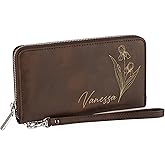 Personalized Women's Wallet with Name & Birth Flower - Customized Wristlet Wallet, Custom Engraved Bifold, 11 Card Slots, Zipper Coin Pocket - Rustic - Gift for Her, Wife, Mom, Daughter