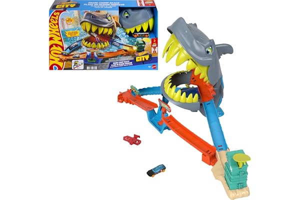 Hot Wheels Toy Car Track Set, City Shark Chomp Beach Playset with 1:64 Scale Die-Cast Vehicle. 2 Ways to Play, Knock Out the 