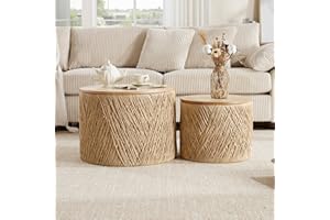 DM Furniture Nesting Coffee Table Set of 2, Natural Round Wooden Coffee Tables Rustic Woven Circle Side/Sofa Table for Small Space Living Room Bedroom Apartment No Assembly Required