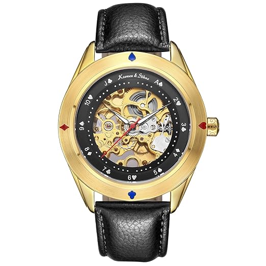 KS Herren Armbanduhr Uhren für männer Automatische Skelett Mechanische Edelstahl Leder Armband Lederband Uhr Geschenbox Gold 