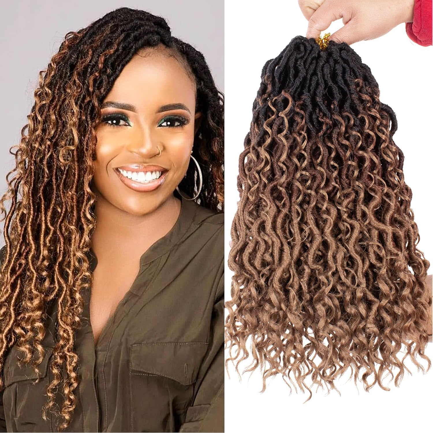 Mscat 8 Packs Ombre Bohemian Locs Crochet Hair 14 Inch River Locs 3Tone Faux Locs Crochet Braids Pre Looped Short Soft Locs with Curly Ends River Locs Hair Extensions (14Strands/Pack 1B3027#)