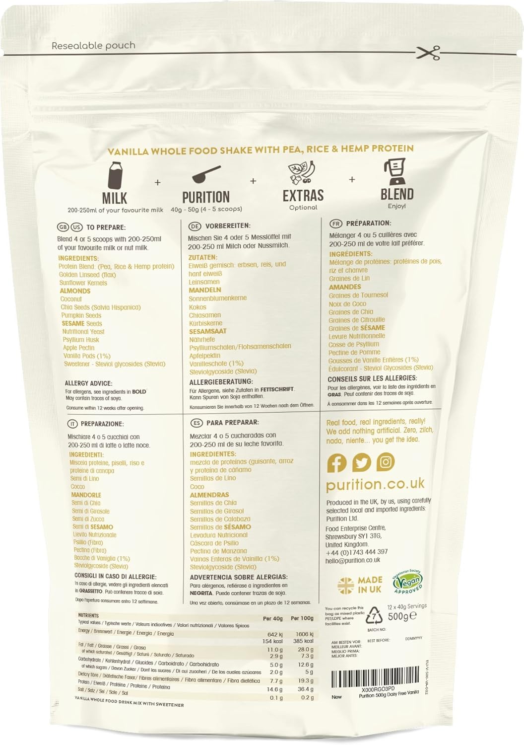 Purition Vegan Vanilla - High Protein Wholefood Shake, 500 g (Pack of 1) - Image 3