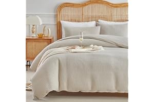 WARMDERN Waffle Weave Duvet Cover Queen Size, Khaki Textured Duvet Cover Set, Soft and Breathable Comforter Cover, 3 Pieces Microfiber Bedding Set for All Season(Khaki,Queen)