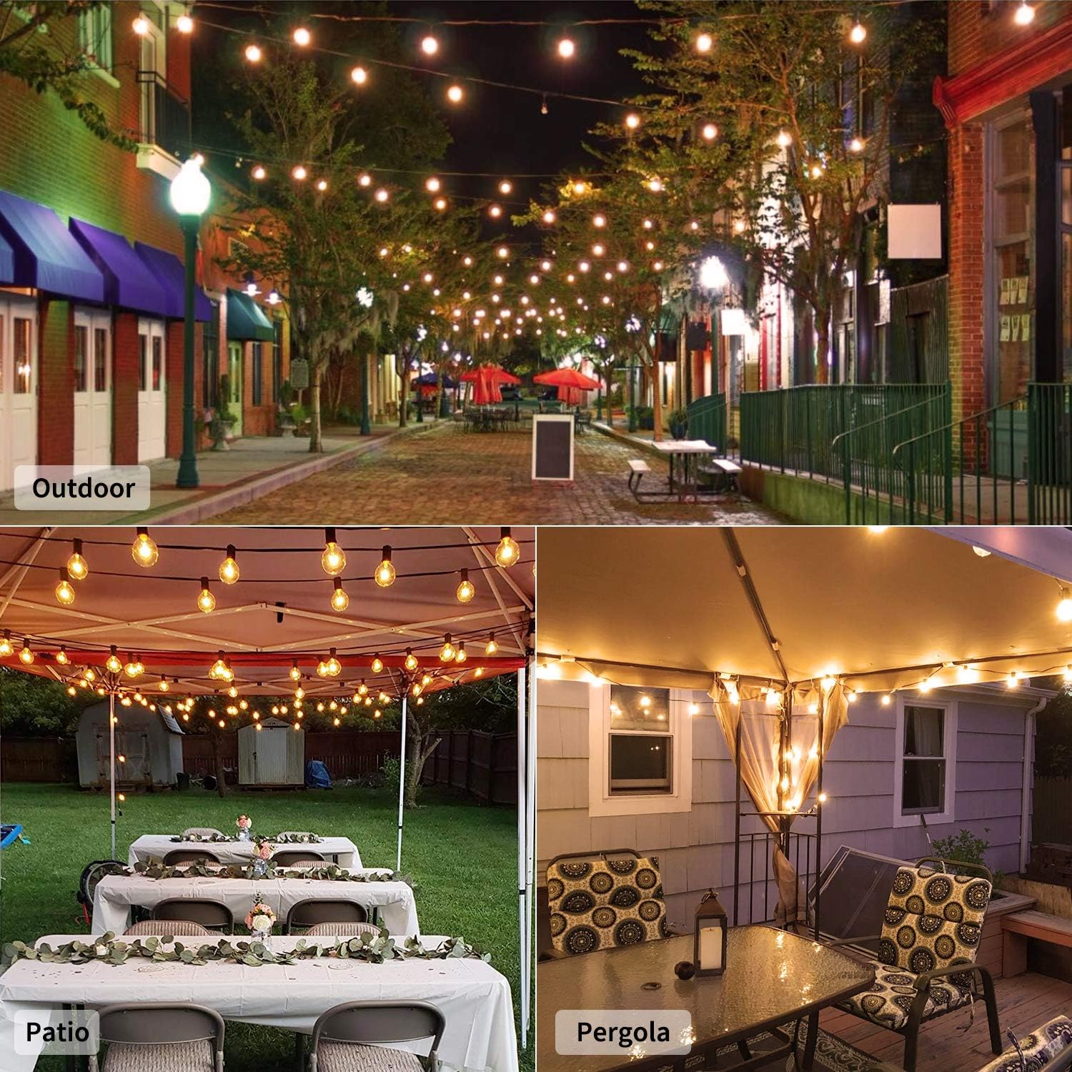 Brightown 50Ft G40 Outdoor Patio String Light-Connectable Globe Lights with 52 Clear Bulbs(2 Spare), UL Listed Backyard Lights for Indoor Commercial Decor, 50 Hanging Sockets, E12 Base, 5W Bulb, Black - - 