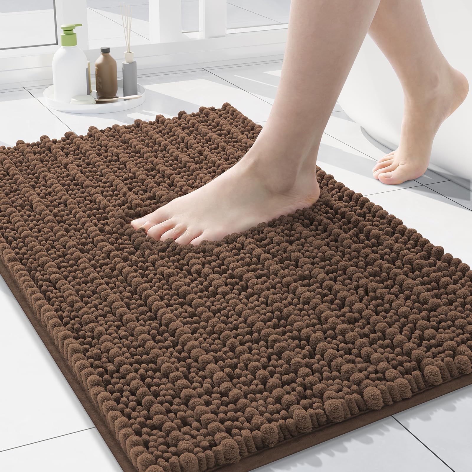 Photo 1 of Arotive Luxury Chenille Bathroom Rug Mat, Extra Soft Thick Absorbent Shaggy Bath Rugs, Non-Slip Machine Wash Dry, Plush Bath Mats for Bathroom, Shower and Tub, 24x16, Mocha