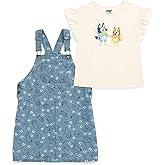 Bluey Floral Girls Vintage Wash Denim Overall Dress and T-Shirt Outfit Set Toddler to Big Kid