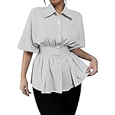 winkbay Women's Striped Pleated Peplum Blouse Button Down Collared Short Sleeve Work Office Shirts