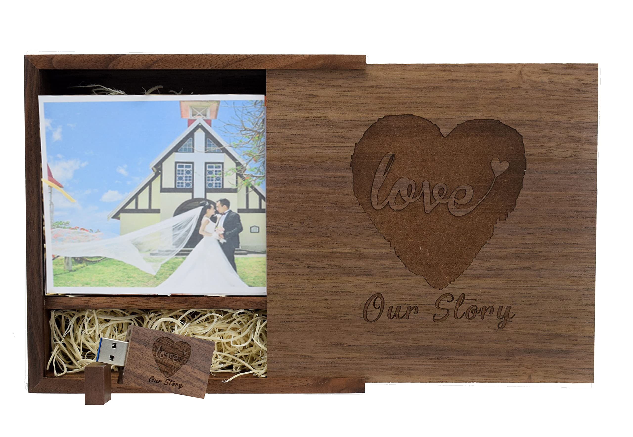 64GB Wooden USB Stick with Box – Engraved Wedding USB 3.0 Flash Drive, ‘Our Story’ Memory Stick in Presentation Box, Ideal for Photos, Couples & Photographers