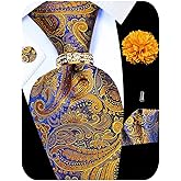Kerfado 5PCS Tie and Pocket Square for Men, Silk Necktie and Handkerchief Cufflinks with Gold Ring and Lapel Pin Set