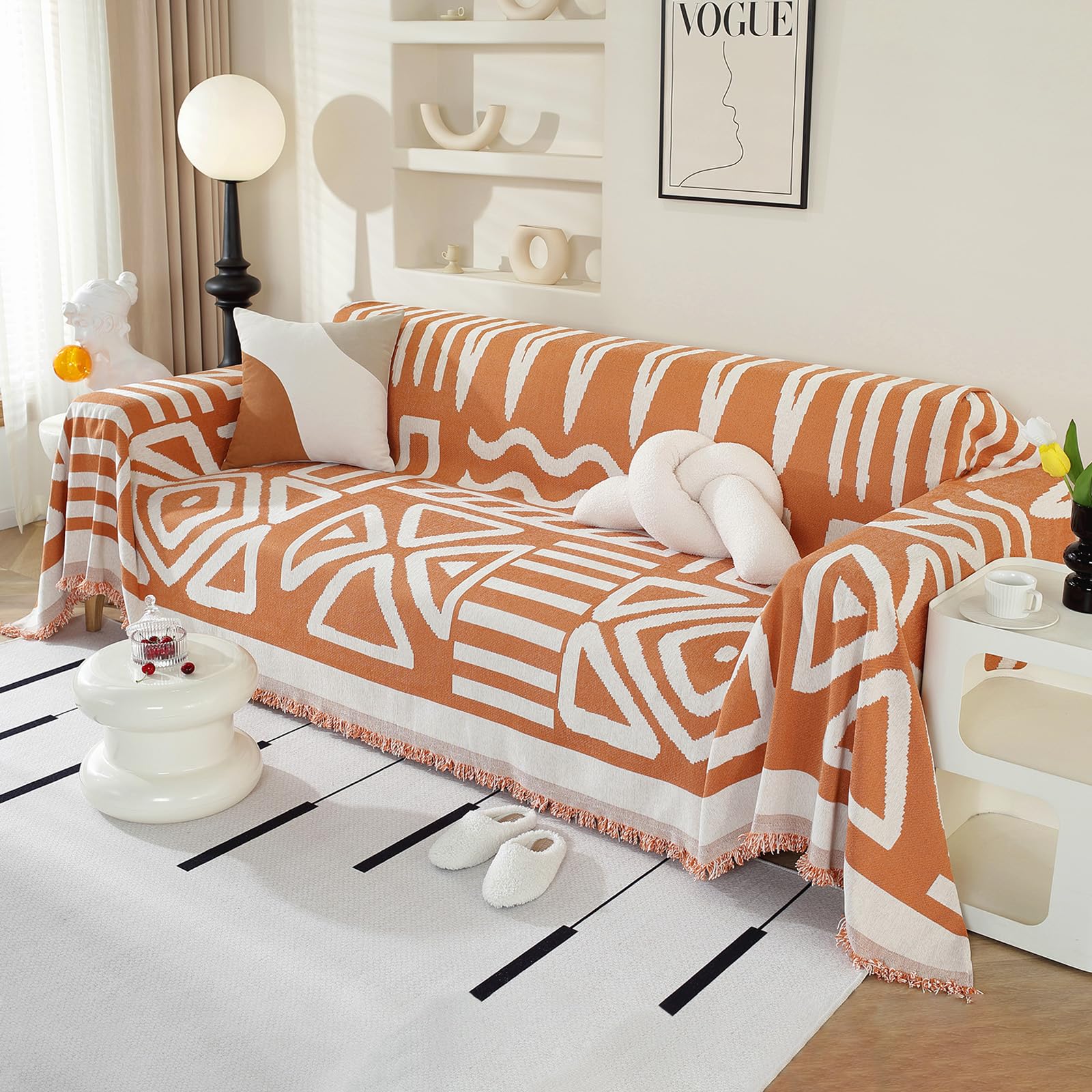 Royhom Boho Sofa Cover 3 Seater, Corner Sofa Covers L Shape, Washable Couch Cover with Tassel, Soft Couch Covers for Dogs, Breathable, All-season Universal (Orange, 180x340cm)