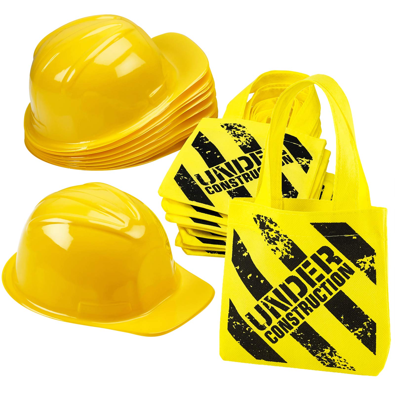 Bedwina construction themed party supplies Supplies - (24 Pack) construction party favors Hat & Mini Tote Bag Supplies - (12) Yellow construction hats for kids & (12) Construction Goodie Bags