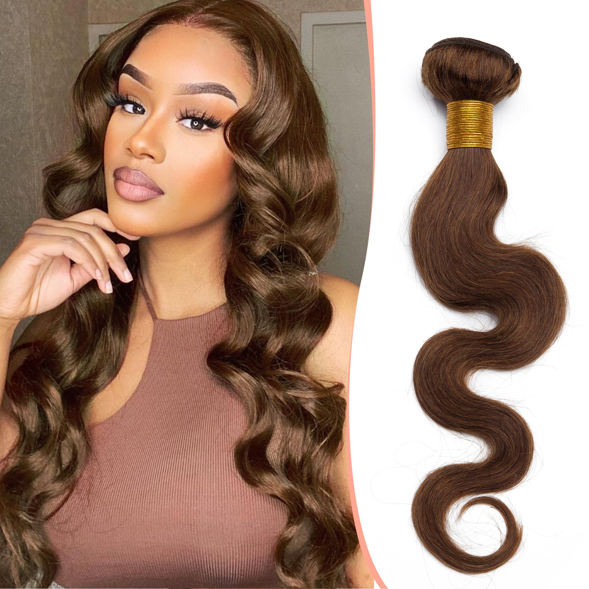 14 inches SEGO Body Wave Human Hair Weave Bundles Hair Weft Extensions Real Human Hair [#4 Medium Brown] Brazilian Virgin Remy No Clip in (1 Bundle,100g) — image 1