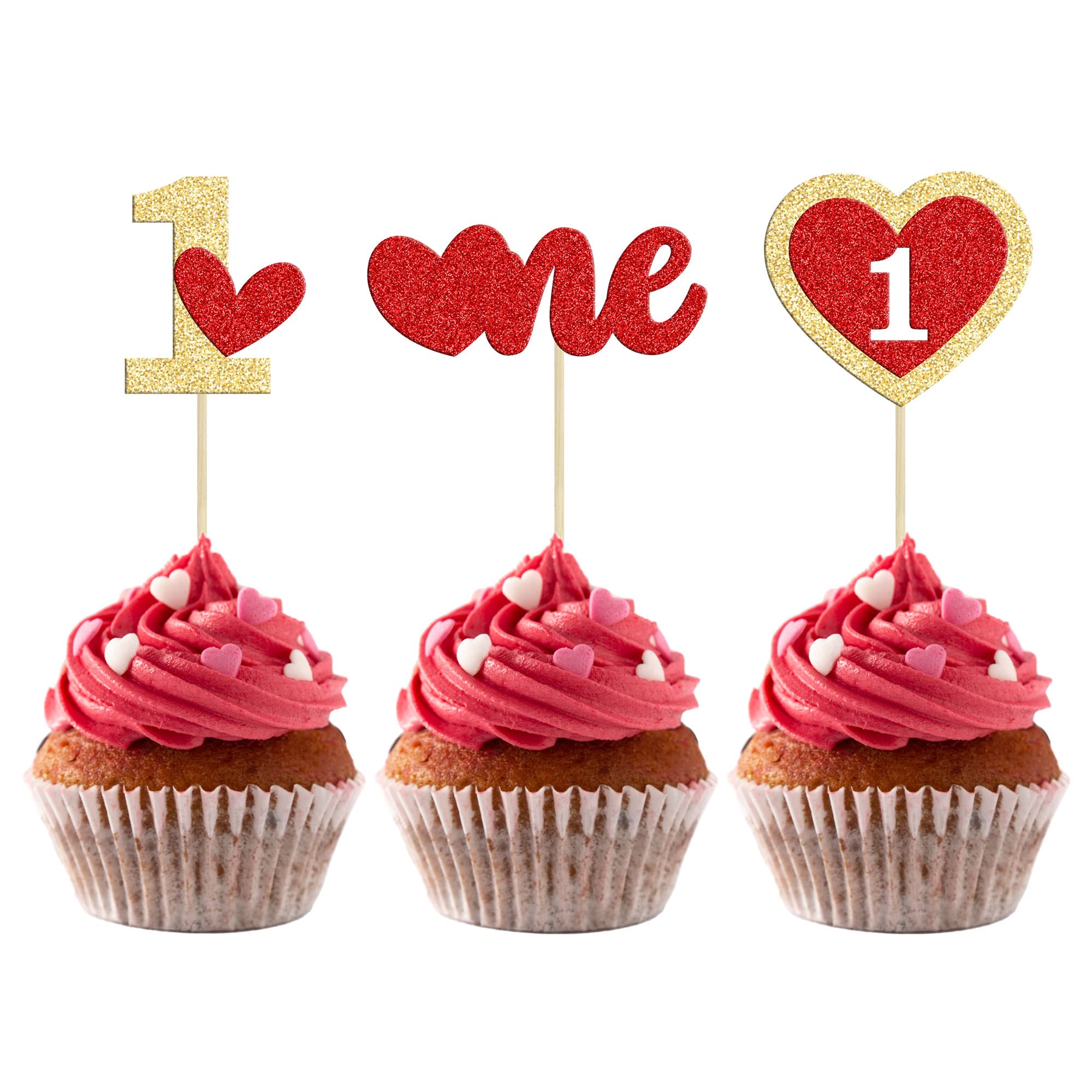 Gyufise 24Pcs Lover Day One Cupcake Toppers Gold Red Glitter Heart First Birthday Cake Topper Decorations for Valentine's Day Theme Wedding Engagement Bridal Shower Birthday Party Supplies