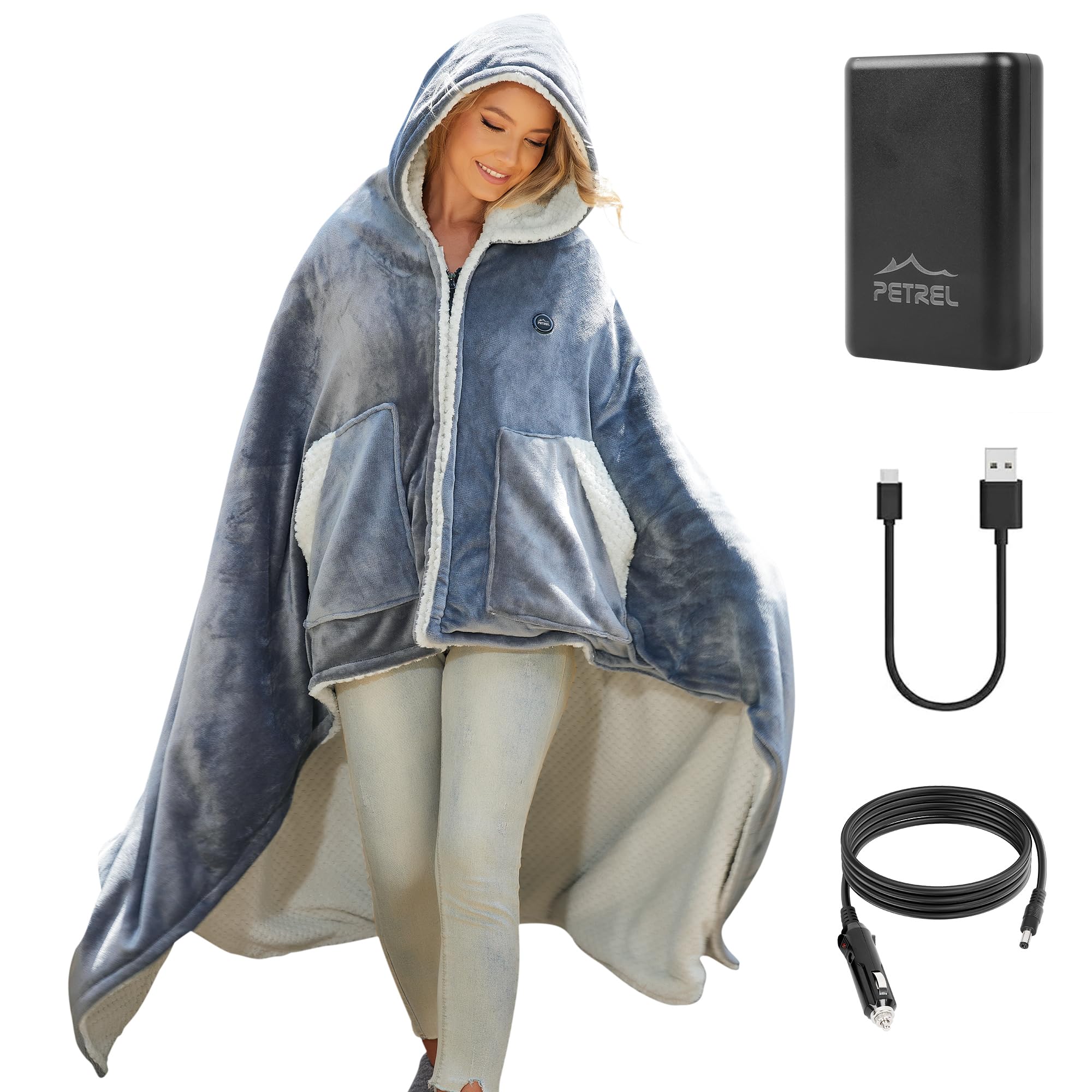 Heated Blankets Hoodie Battery Operated,12v Cordless Heating Blanket Wearable Shawl,Portable Electric Wrap Poncho Blanket,15000mah Sherpa Heated Throw Blanket 3 Heat sets for Indoor,Car,Camping,Picnic