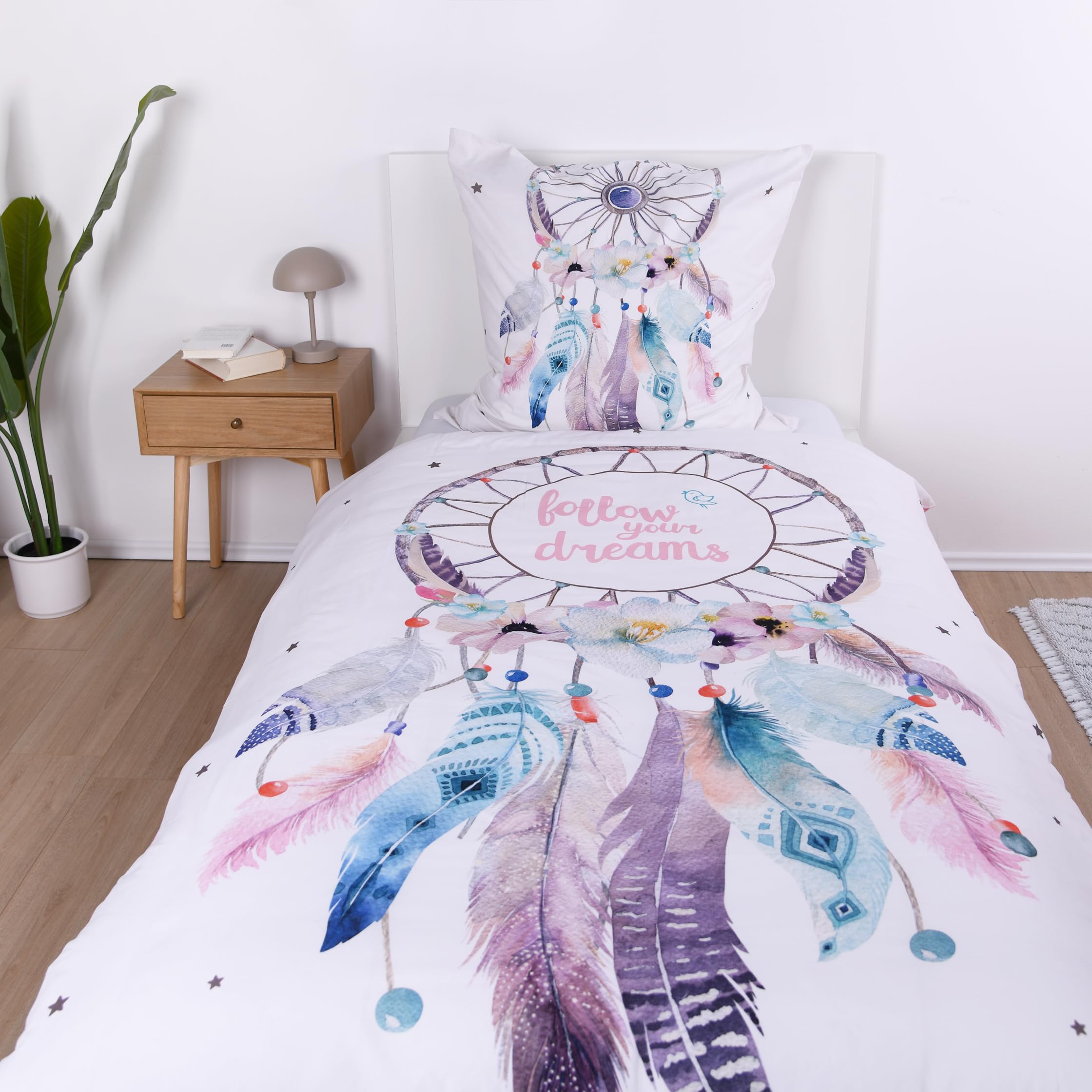 Familando Modern reversible bedding set 135 x 200 cm 80 x 80 cm with dream catcher 100% cotton dream catcher Bohamian Girl (old pink flannel winter bedding)