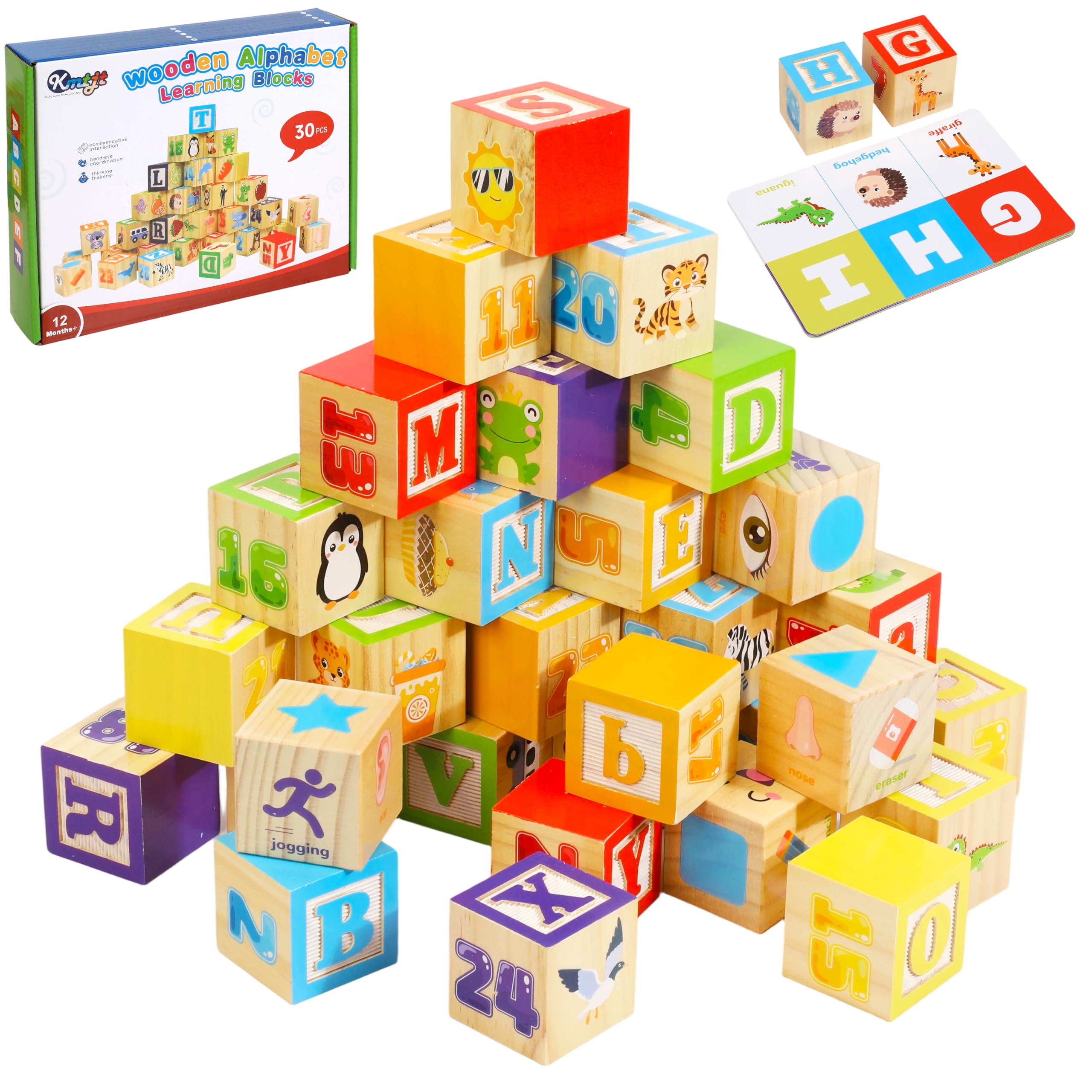 KMTJT Wooden Alphabet Blocks for Toddlers 1-3 | Abc Stacking Blocks Toys for 1 2 3 Year Old Kids | One Year Old Girl Boy 1st First Birthday Number Building Blocks Learning Educational Toys