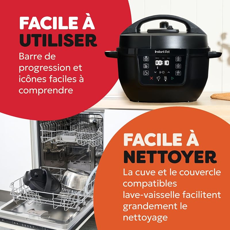 Multicuiseur, 3,8 L, cuiseur intelligent 7 en 1 - Autocuiseur, mijoteuse, cuiseur à riz, sauteuse, yaourtière, cuiseur vapeur et réchauffeur d'aliments - Noir
