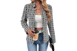 Mina Self 2025 Women's Tweed Plaid Blazer Jacket - Warm Open Front Stand Collar Fully Lined Casual Fashion Work Coat