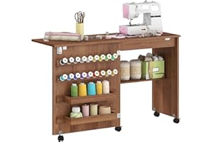 HOMCOM Folding Sewing Table, Rolling Craft Table with Magnetic Barn Door, 2 Bins, Storage Shelf, 18 Pegs, Lockable Wheels, Se