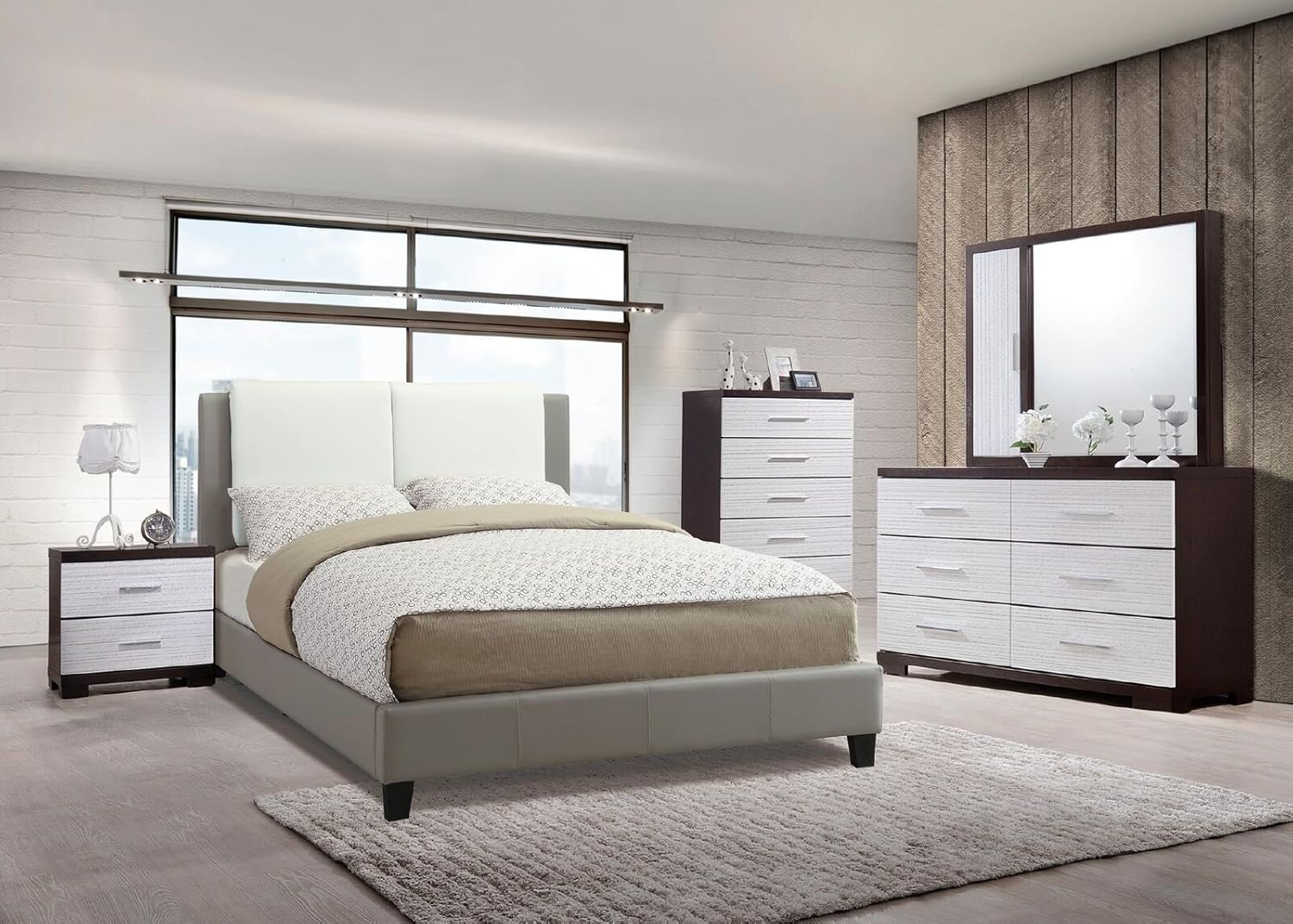 Amazon Com Esofastore Modern Bedroom Furniture 4pc Set White Grey California King Size Bed Dresser Mirror Nightstand Faux Leather Hs Bedframe Furniture Decor