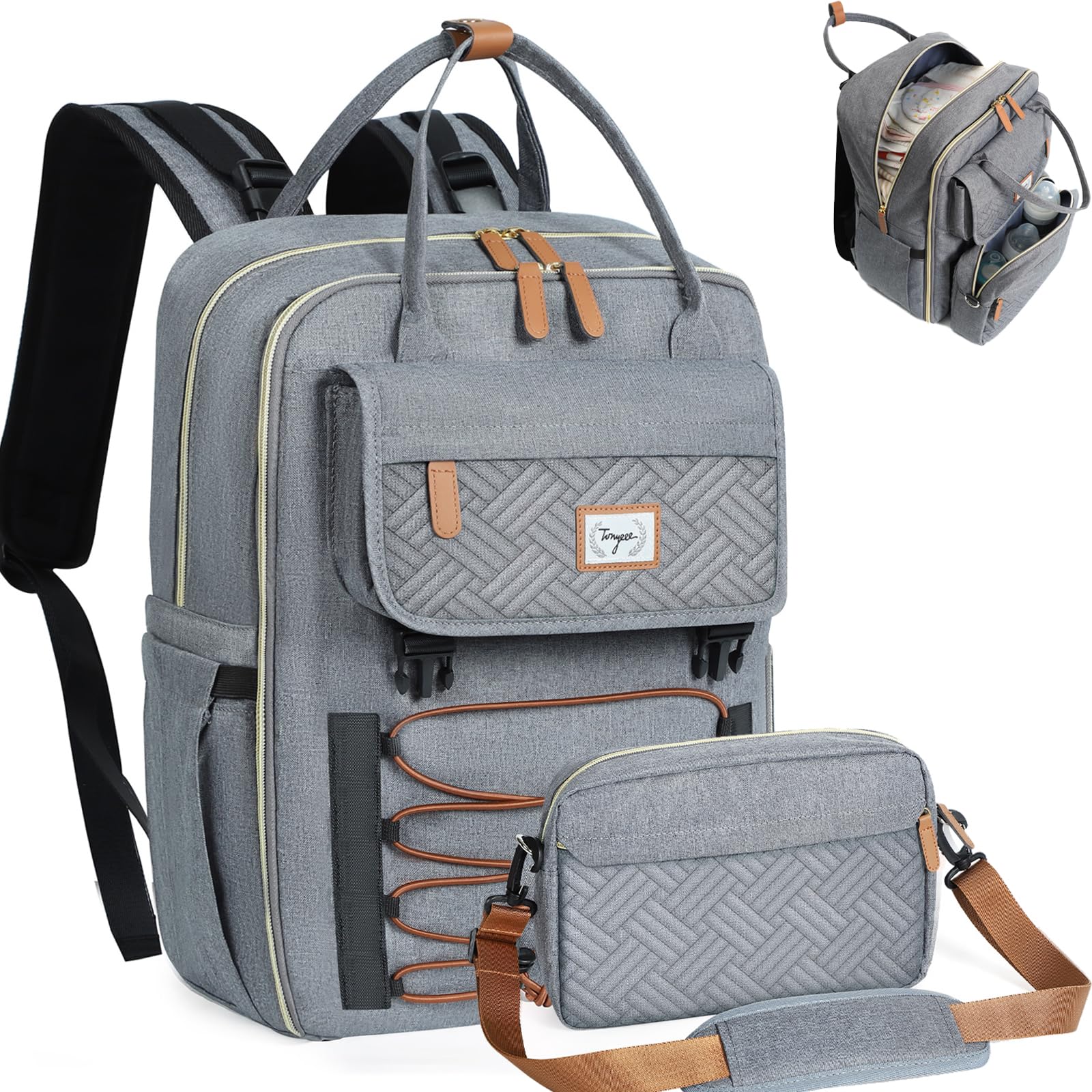 Photo 1 of Tonyeee Diaper Bag Backpack Set, Baby Diaper Bag with Removable Cross Body Bag & Changing Pad, Travel Backpack for Women Men, Large Capacity, Waterproof, Grey