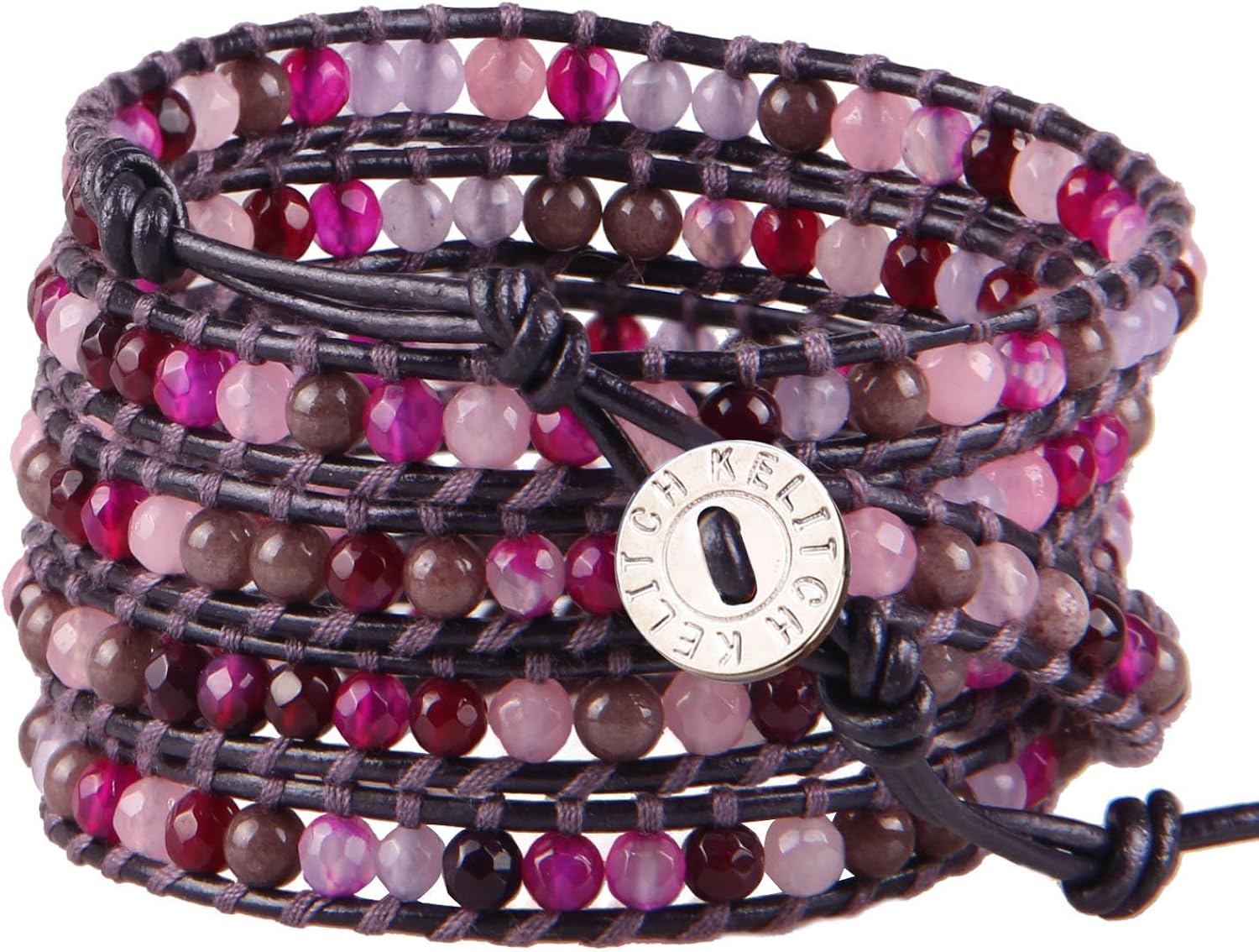 KELITCH Charm Bracelets Women Girls Purple Pink Mix Colors Agate Bead 5 Wrap Bracelet on Black Leather, 327, 34-36 inch - Image 3