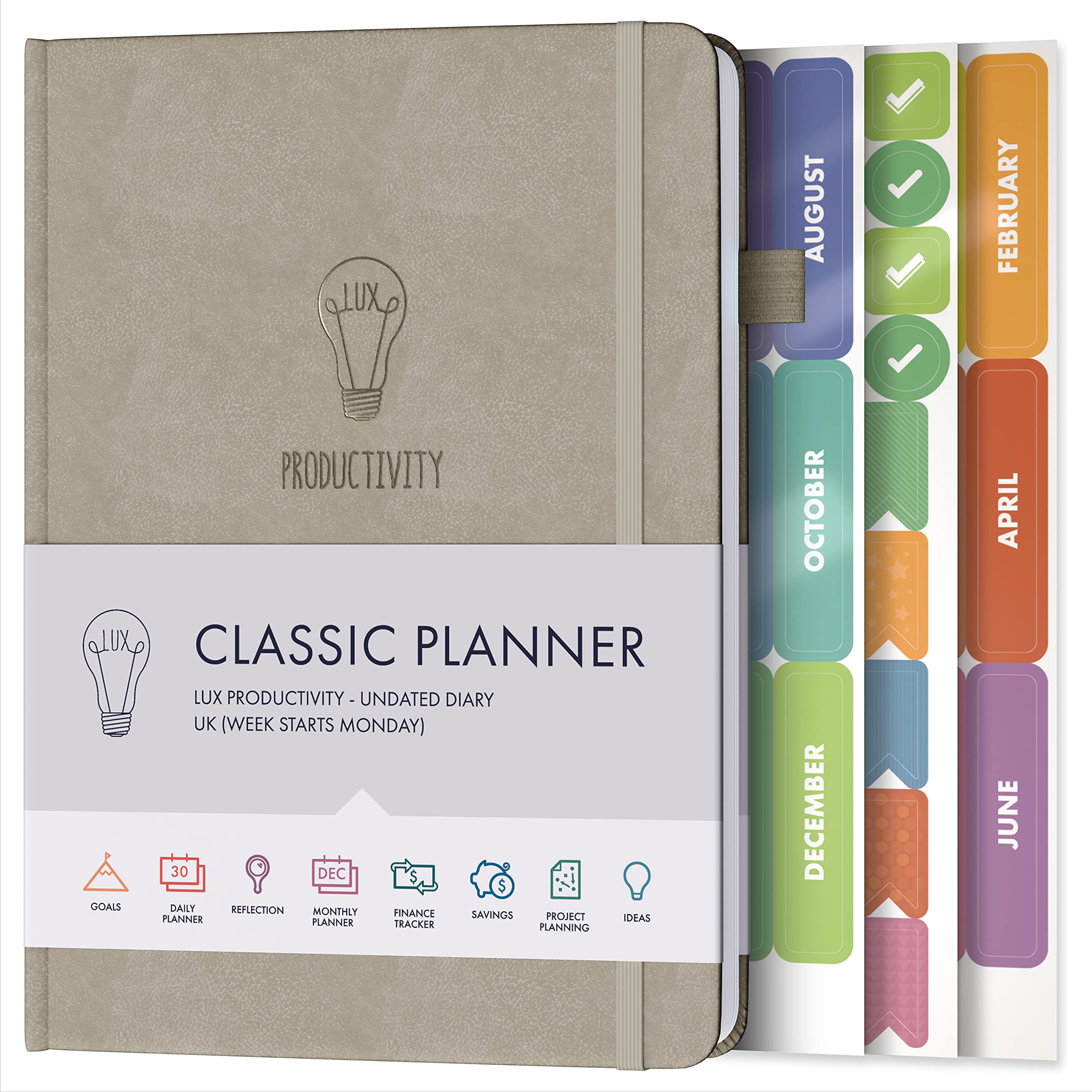 Daily Planner & appointment diary - Gratitude journal, wellness journal & Undated weekly planners and organisers - Desk journals for women & men - LUX Productivity Classic (STONE) โ image 1