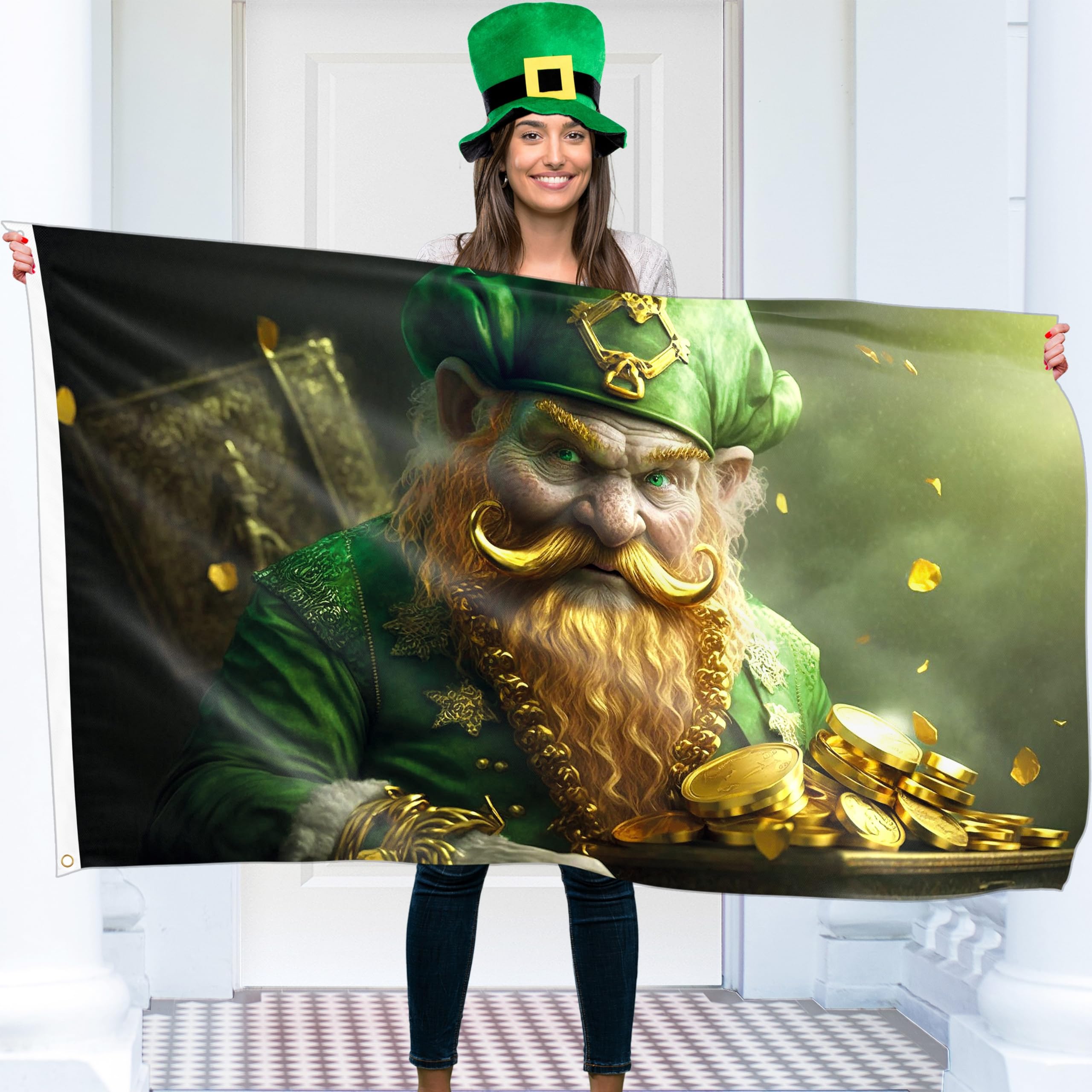 St Patricks Day Flag with Leprechaun and Gold - St Patrick's Day Irish Ireland Home Decorations – Digital Print - 110Den Thick polyester - Double Seam - 2 brass eyelets, large 5ft x 3ft