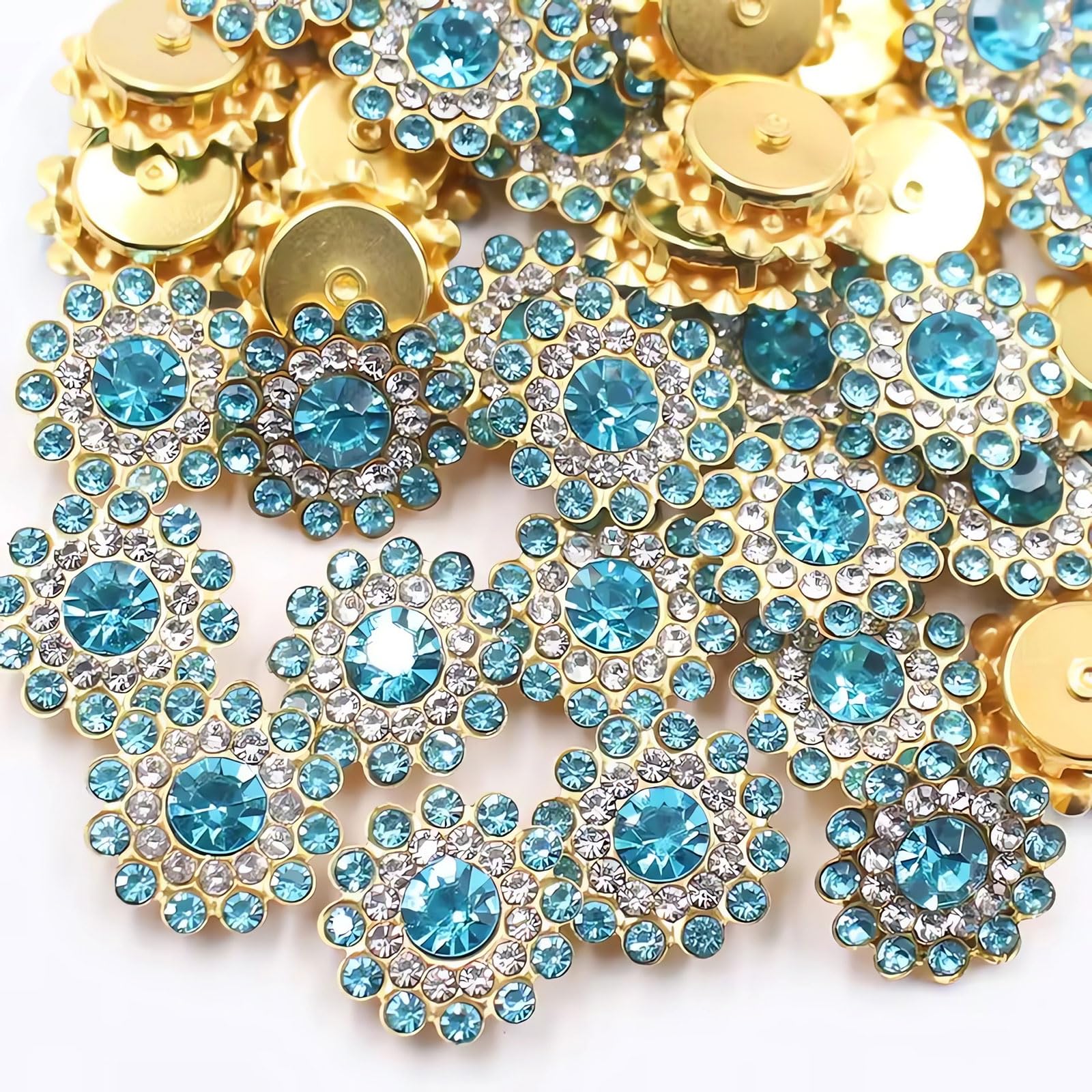 Photo 1 of 14mm 150pcs Crystals Aquamarine Glass Gems Sew on Rhinestones, Metal Base Claw Flatback Rhinestones for Crafting, Sunflower Shape Gemstones for Sewing Hats Jewels Crafts Clothes Shoes Accessories