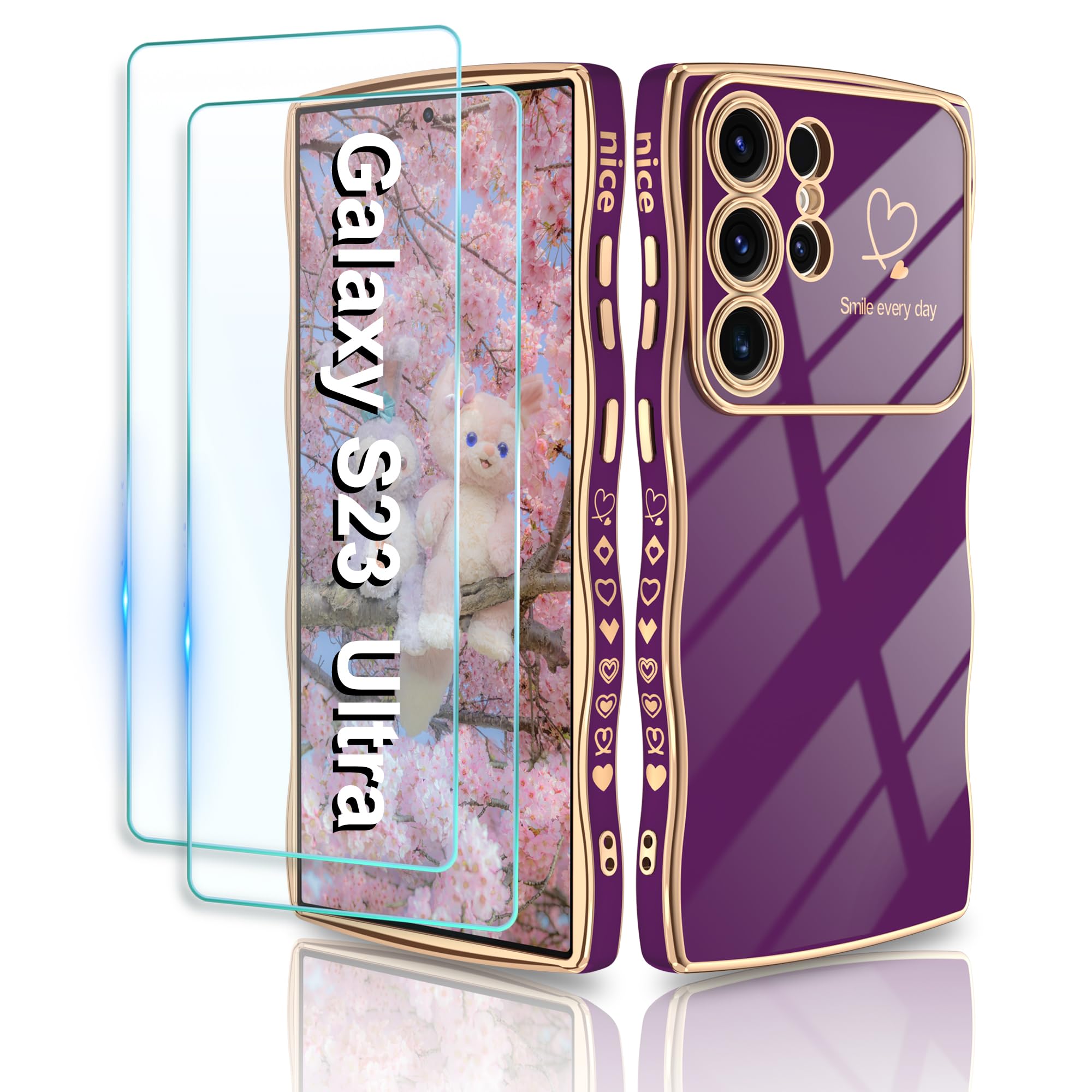 Gritup for Samsung Galaxy S23 Ultra Case,Curly Wave wirh Cute Heart Pattern Case for Women Girls,Shockproof Edge Bumper,Full Camera Protective Case,Dark Purple