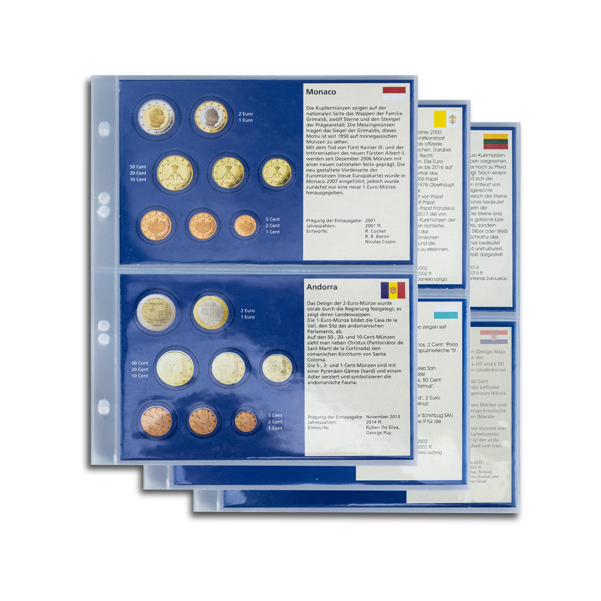 Prophila Collection 6 Stück €uro-Vordruck-Tabletts von 5 Ländern (Litauen, San Marino, Monaco, Vatikan, Andorra) und 1 Blanko-Tablett