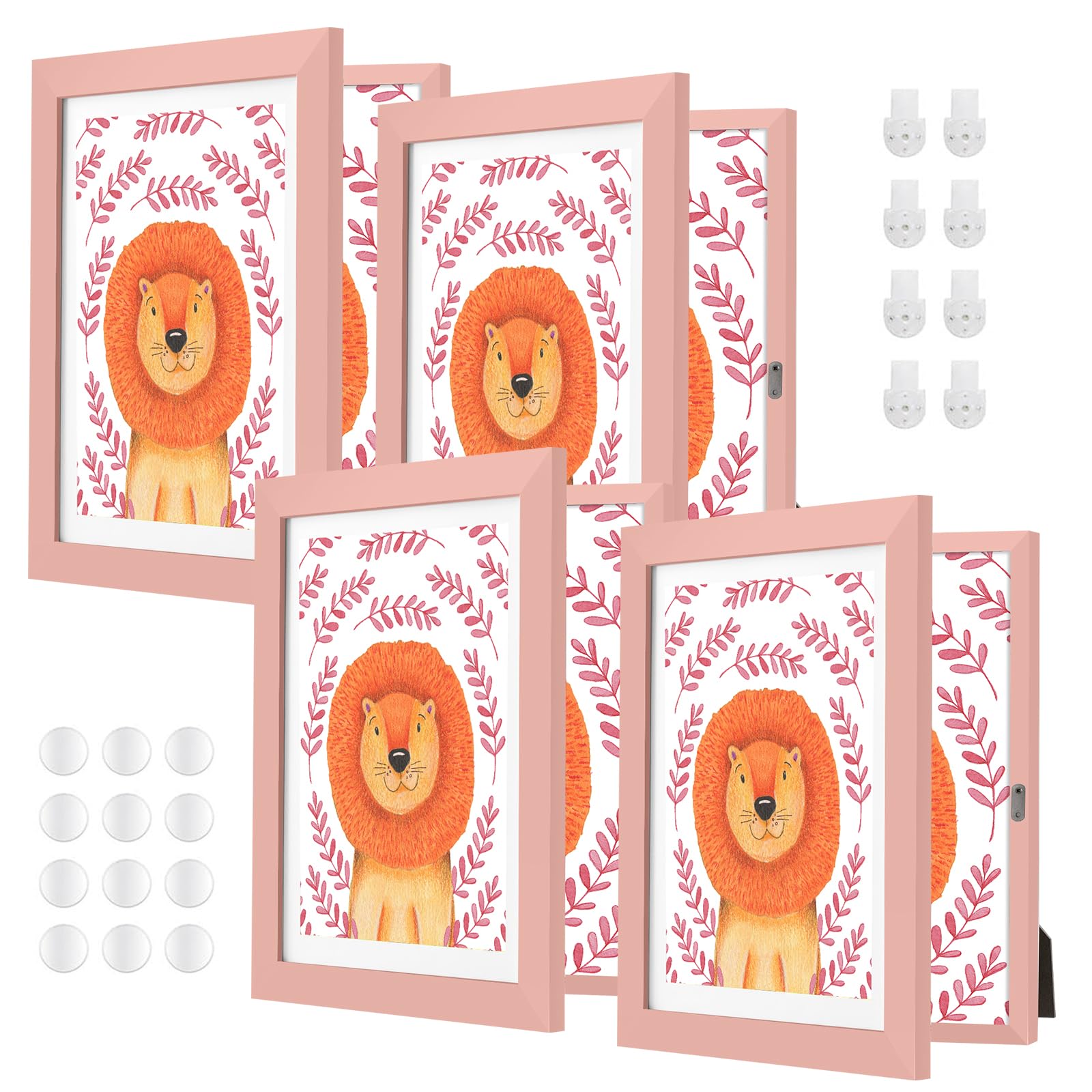 Photo 1 of ABCHIOPQ 4 Pack Pink Kids Art Frame, 8.5x11 Front Opening Wood Kid Artwork Frames Changeable, Wall-mounted or Standing Children Art Frame with Mat, Holds 150 Pcs, Drawing Display Storage Frames
