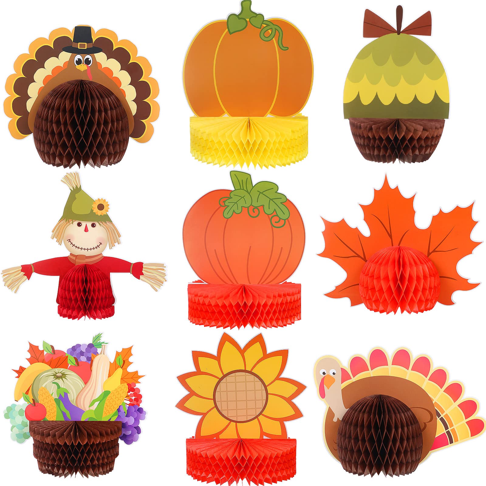 Photo 1 of 9 Pack Large Fall Thanksgiving Turkey Honeycomb Centerpiece 11 Inches Thanksgiving Party Decorations Different Style Turkey Paper Decorations Table Honeycomb