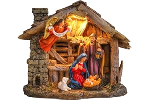 MUMTOP Nativity Set with Manger, Resin Nativity Set Figurine with LED Lights and Music, Holy Family and Angel Statue with Manger for Tabletop Holiday Home Chapel Christmas Decorations