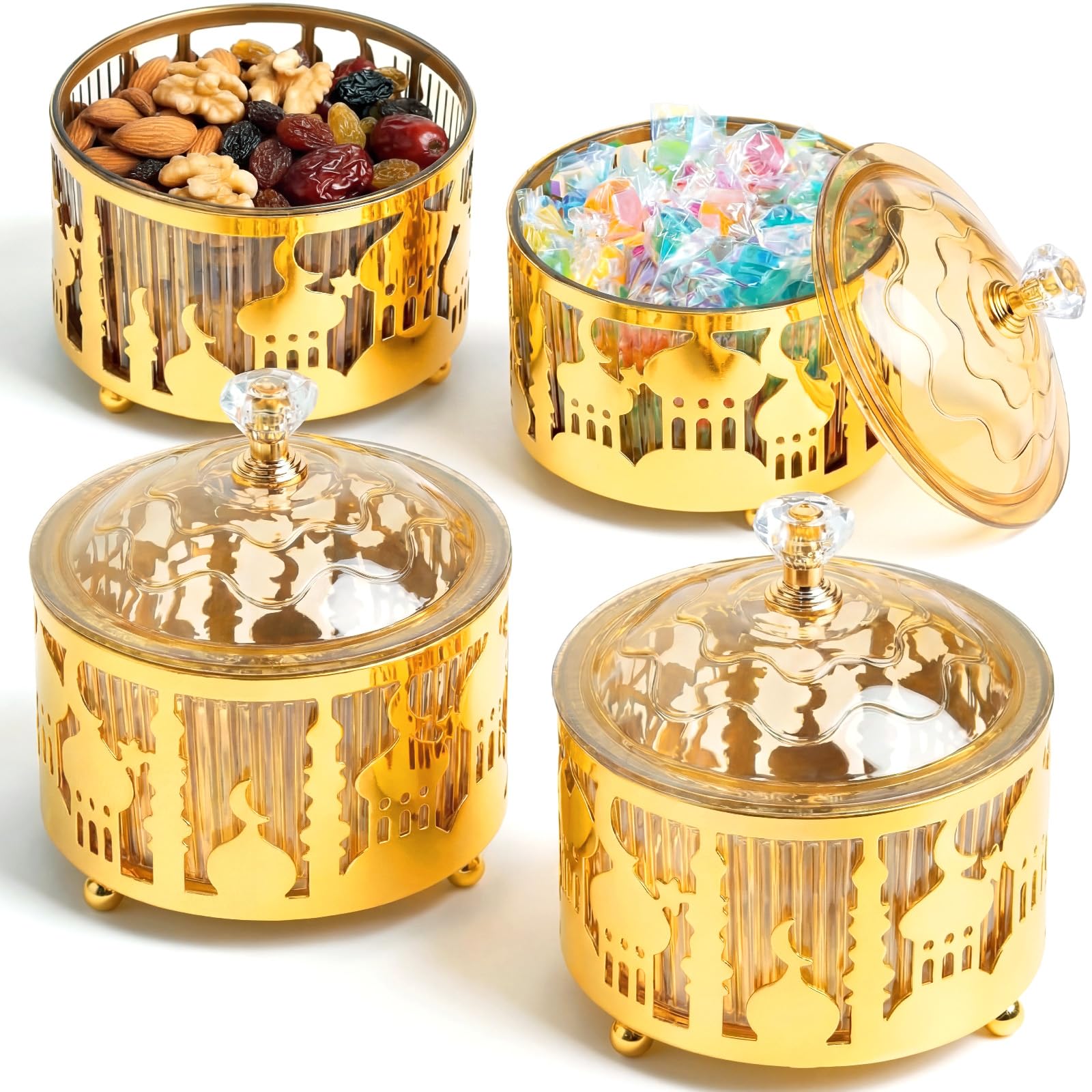 Photo 1 of Sunnychicc 4 Pcs Ramadan Serving Trays with Lid Metal Gold Eid Mubarak Tray Decorations Ramadan Plate Food Storage Container for Serving Cookie Candy Pastry Dessert Eid Party(Classic)
