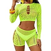 Avidlove Fishnet Lingerie Sets for Women Sexy Two Piece Rave Outfits Mesh Bodysuit Clubwear