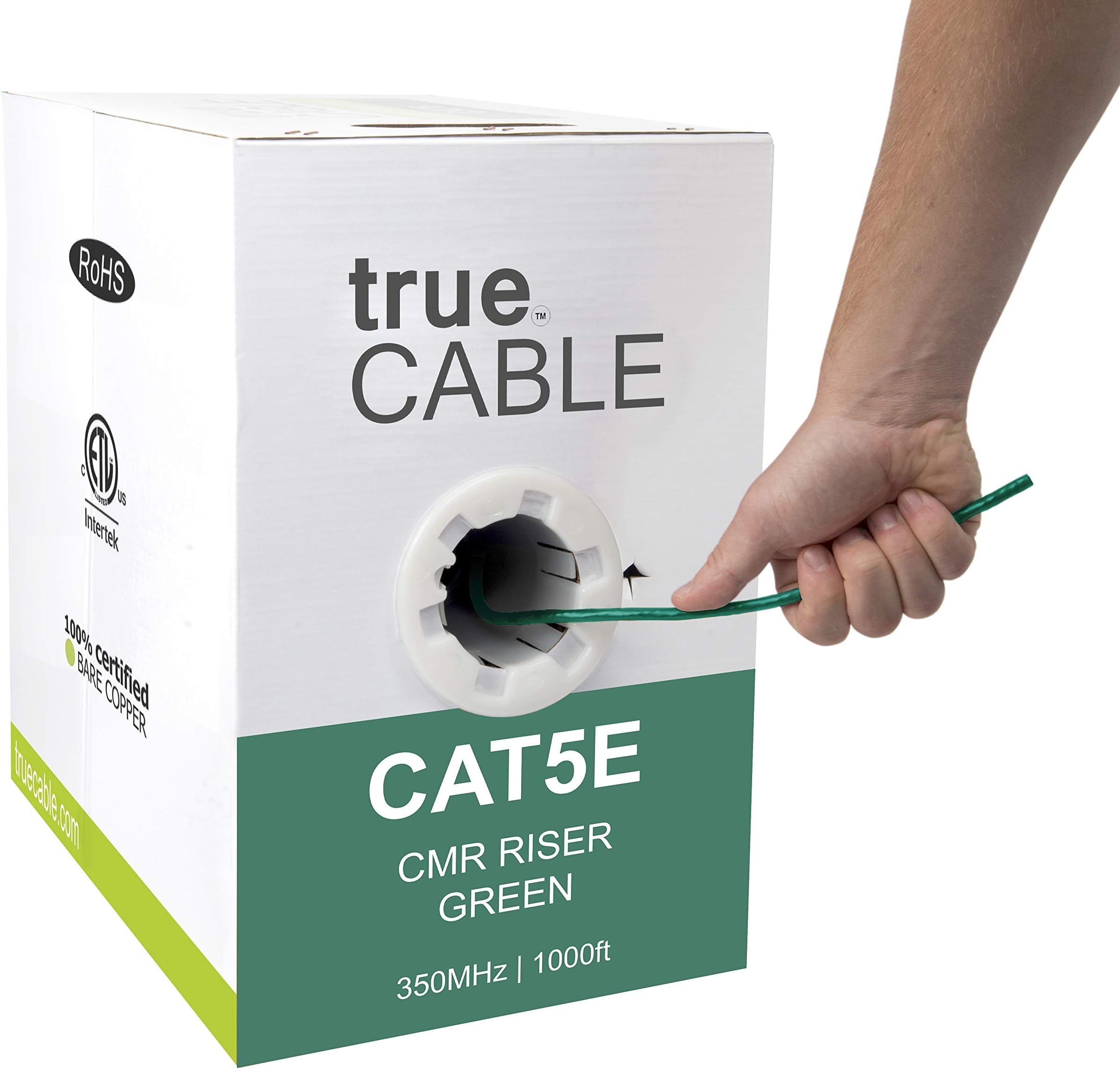 - trueCABLE Cat5e Riser (CMR), 1000ft, Green, 24AWG 4 Pair Solid Bare Copper, 350MHz, PoE++ (4PPoE), ETL Listed, Unshielded Twisted Pair (UTP), Bulk Ethernet Cable